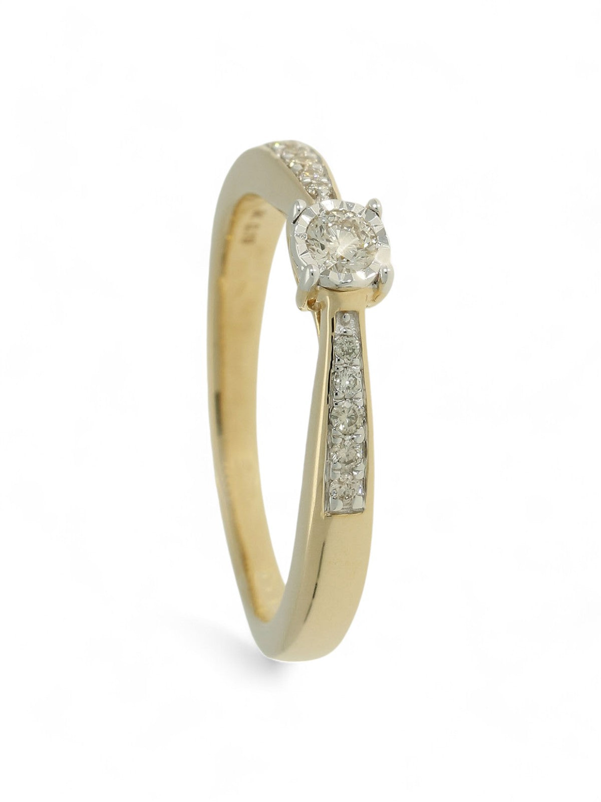 Diamond Solitaire Miracle Set Engagement Ring 0.19ct Round Brilliant Cut in 9ct Yellow Gold with Diamond Set Shoulders