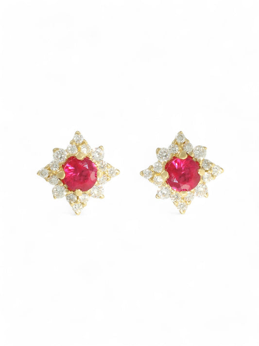Ruby & Diamond Cluster Earrings in 18ct Yellow Gold