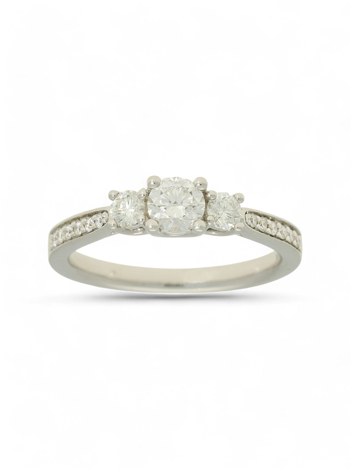 Diamond Three Stone Ring 0.62ct Round Brilliant Cut in 18ct White Gold with Diamond Shoulders