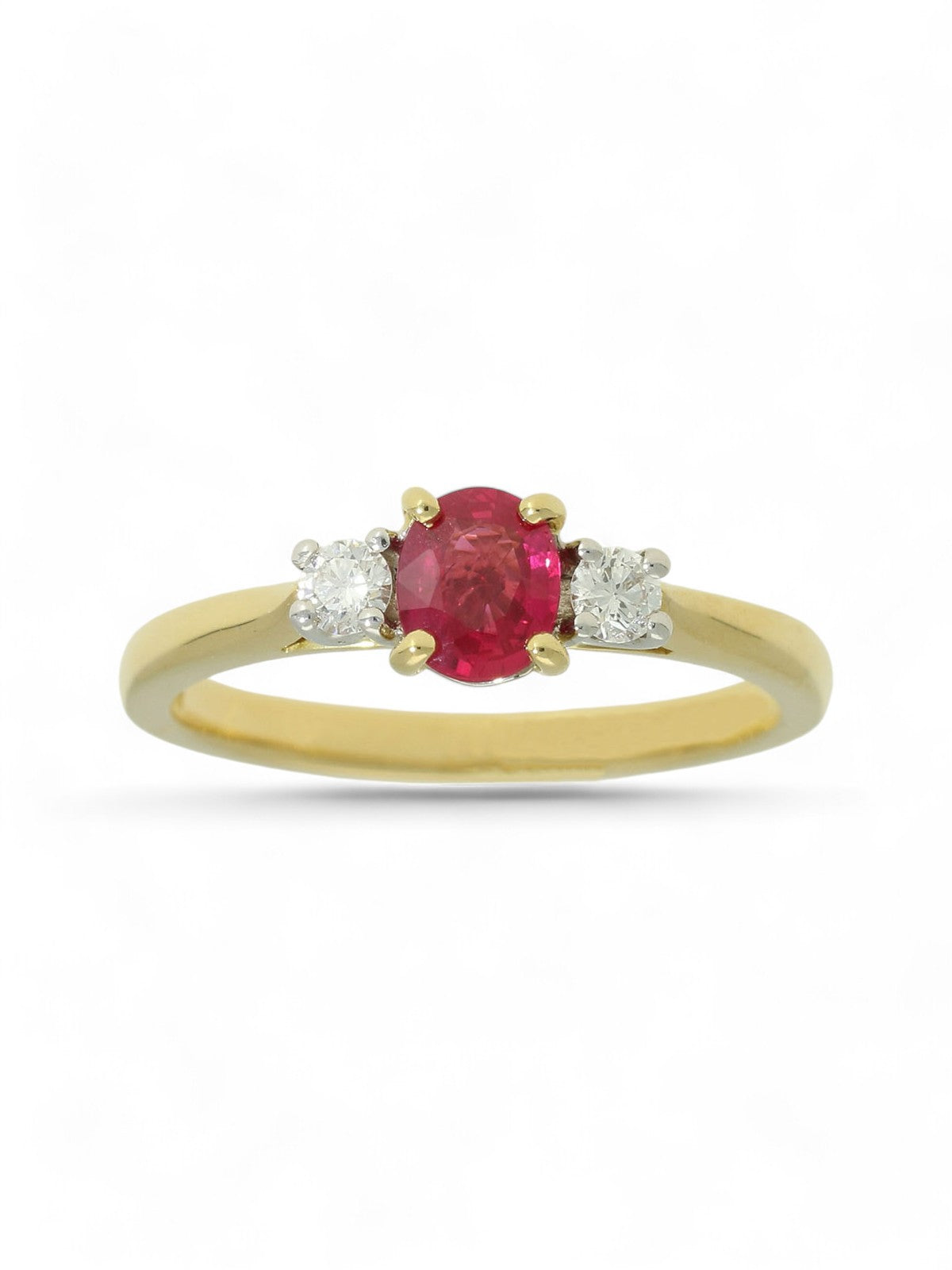 Ruby & Diamond Round Brilliant Three Stone Ring in 18ct Yellow & White Gold