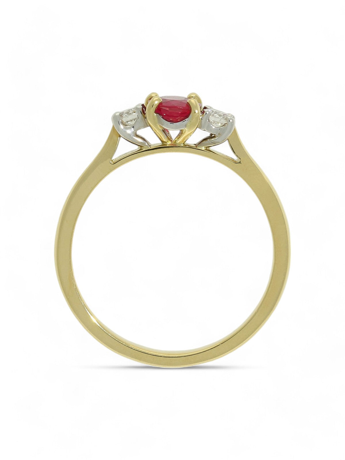 Ruby & Diamond Round Brilliant Three Stone Ring in 18ct Yellow & White Gold