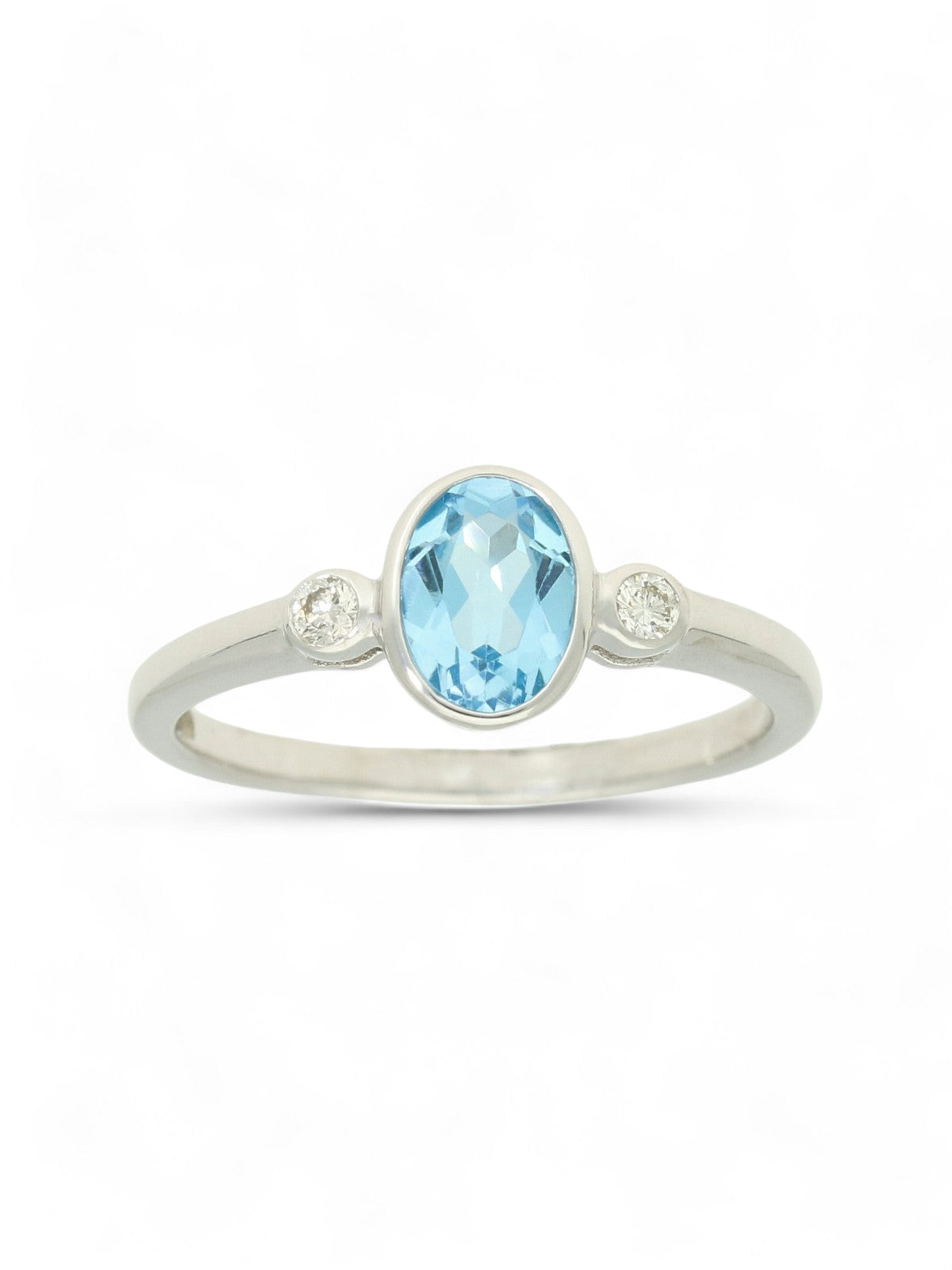 Blue Topaz & Diamond Three Stone Ring in 9ct White Gold