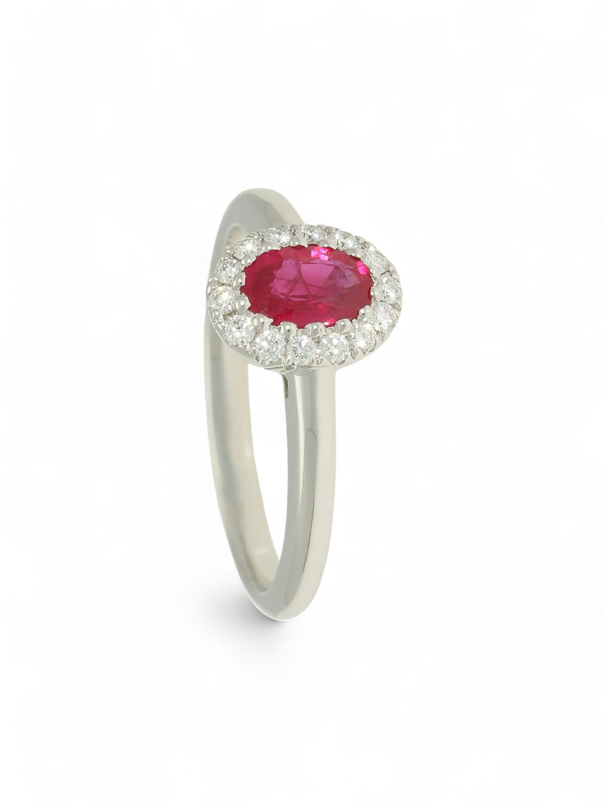 Ruby & Diamond Oval Halo Ring in 18ct White Gold