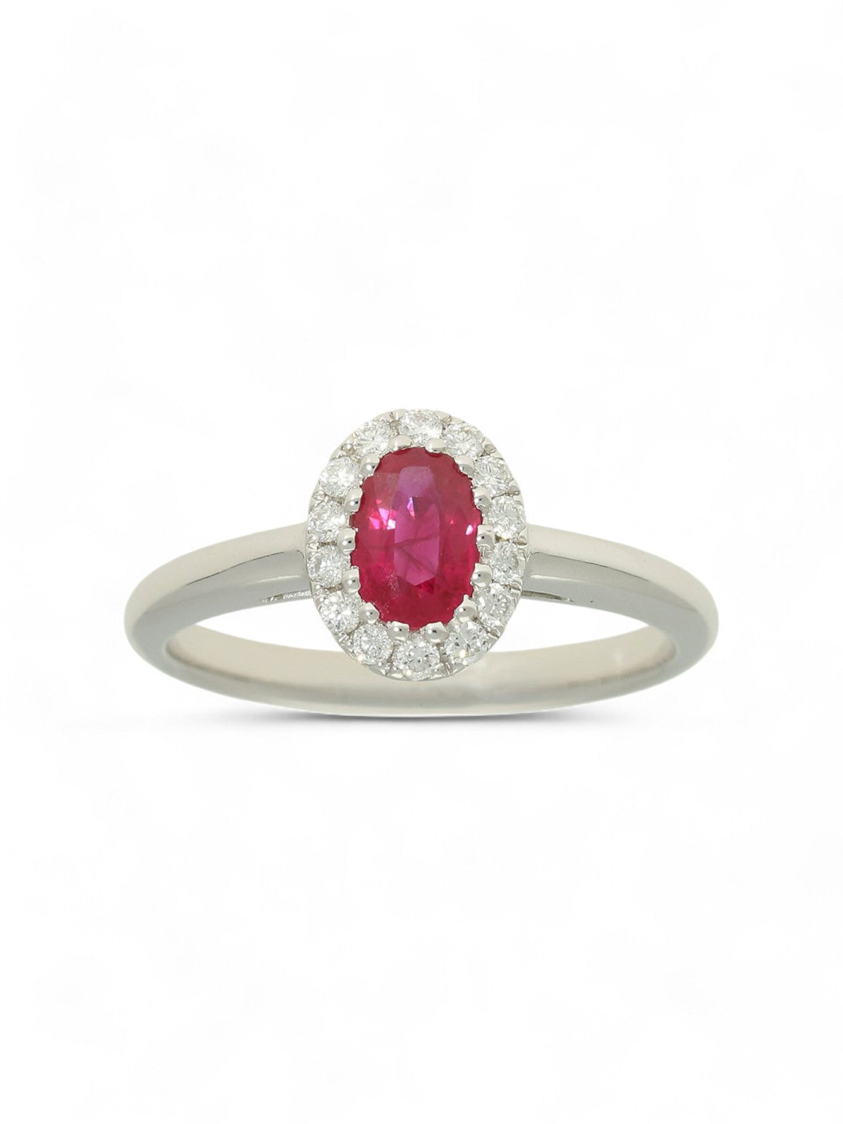 Ruby & Diamond Oval Halo Ring in 18ct White Gold