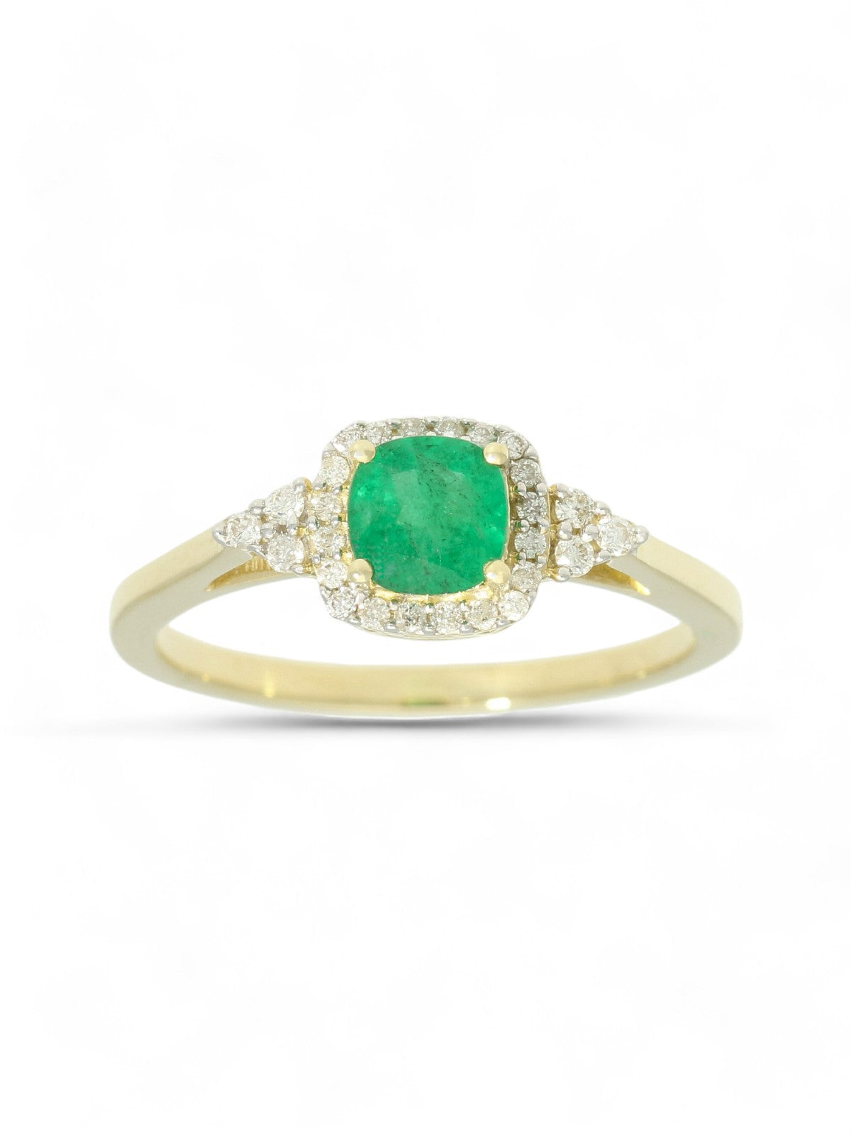 Emerald & Diamond Trefoil Halo Ring in 9ct Yellow Gold