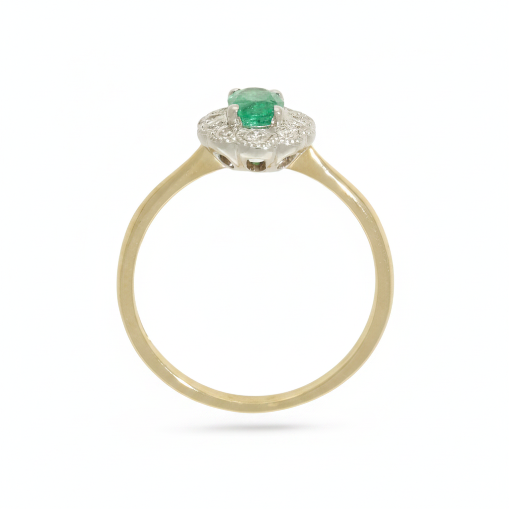 Emerald & Diamond Cluster Ring with 7x5mm Emerald and 0.10ct of Round Brilliant Diamonds in 9ct Yellow & White Gold
