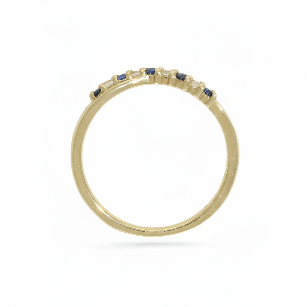 Sapphire & Diamond Crossover Half Eternity Ring with 0.10ct of Round Brilliant Diamonds in 9ct Yellow Gold