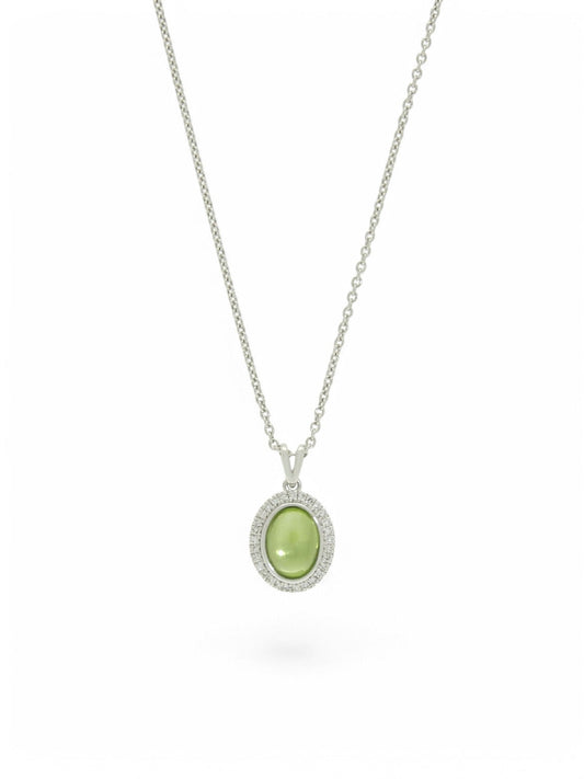 Oval Cabachon Peridot and Diamond Cluster Pendant Necklace in 9ct White Gold