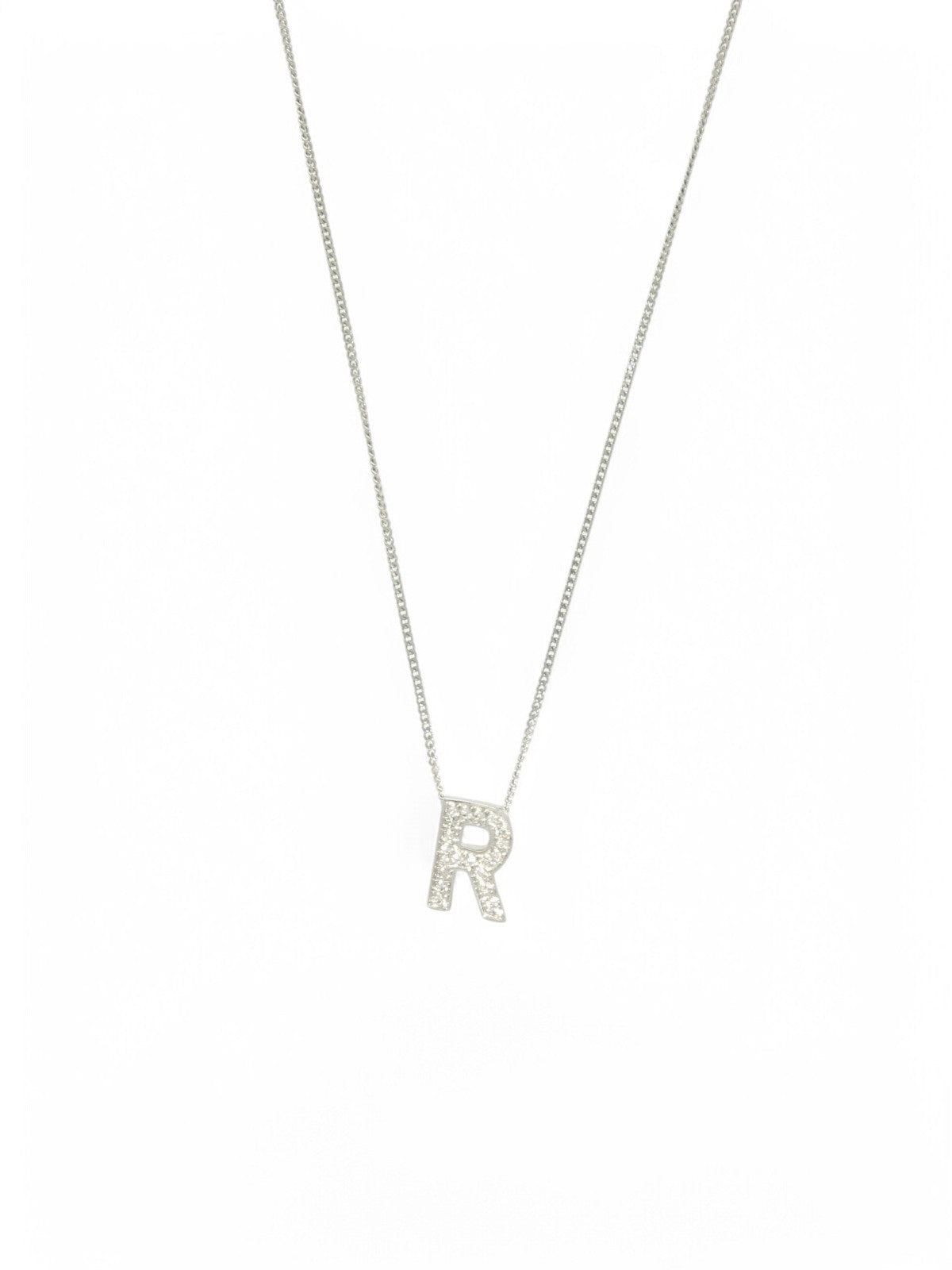 Diamond Round Brilliant Channel Set Letter 'R' Pendant Necklace in 9ct White Gold