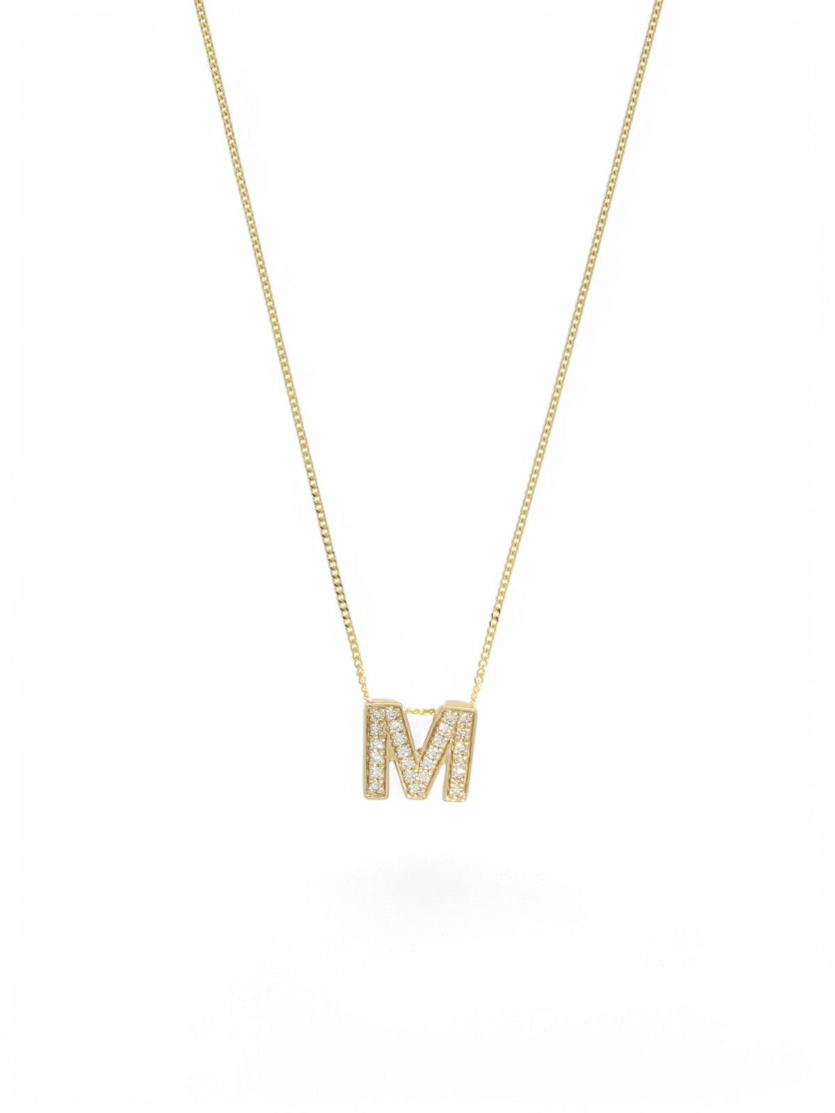 Diamond Round Brilliant Channel Set Letter 'M' Pendant Necklace in 9ct Yellow Gold