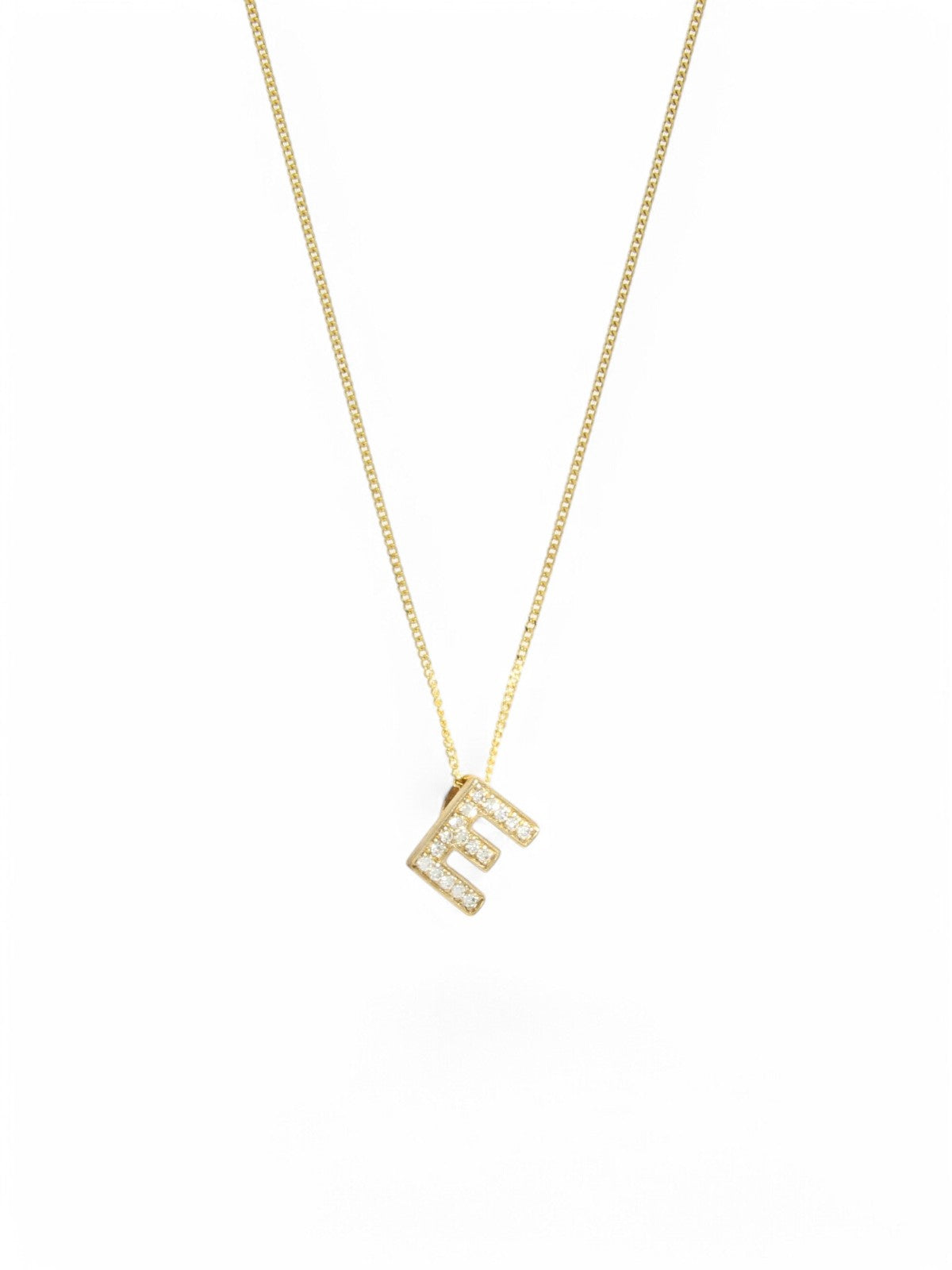 Diamond Round Brilliant Channel Set Letter 'E' Pendant Necklace in 9ct Yellow Gold