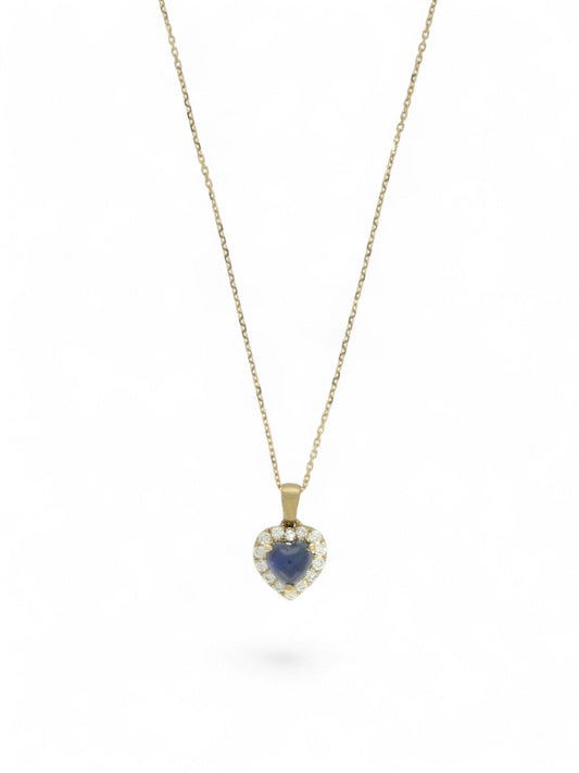 Sapphire & Diamond Cluster Pendant Necklace Heart & Brilliant Cut in 9ct Yellow Gold
