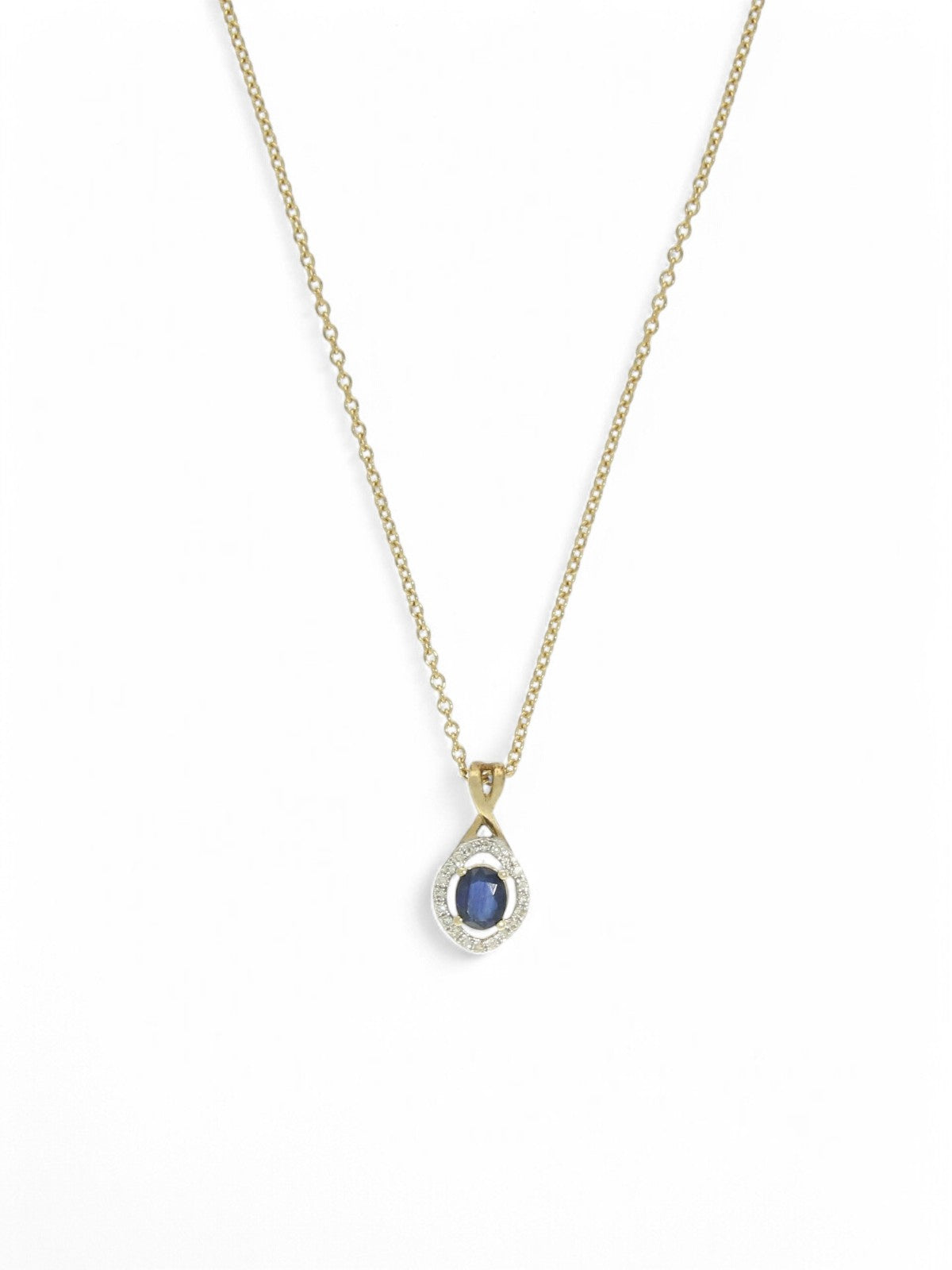 Sapphire & Diamond Oval Halo Drop Pendant Necklace in 9ct Yellow Gold