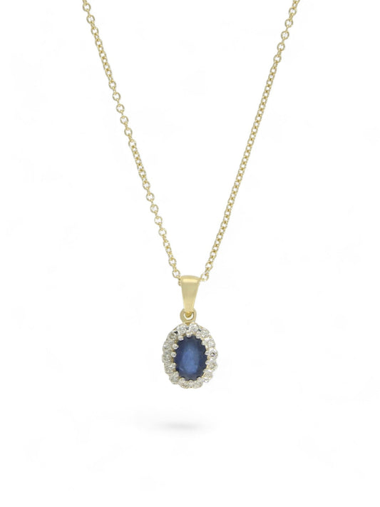 Sapphire & Diamond Oval Halo Cluster Pendant in 9ct Yellow Gold