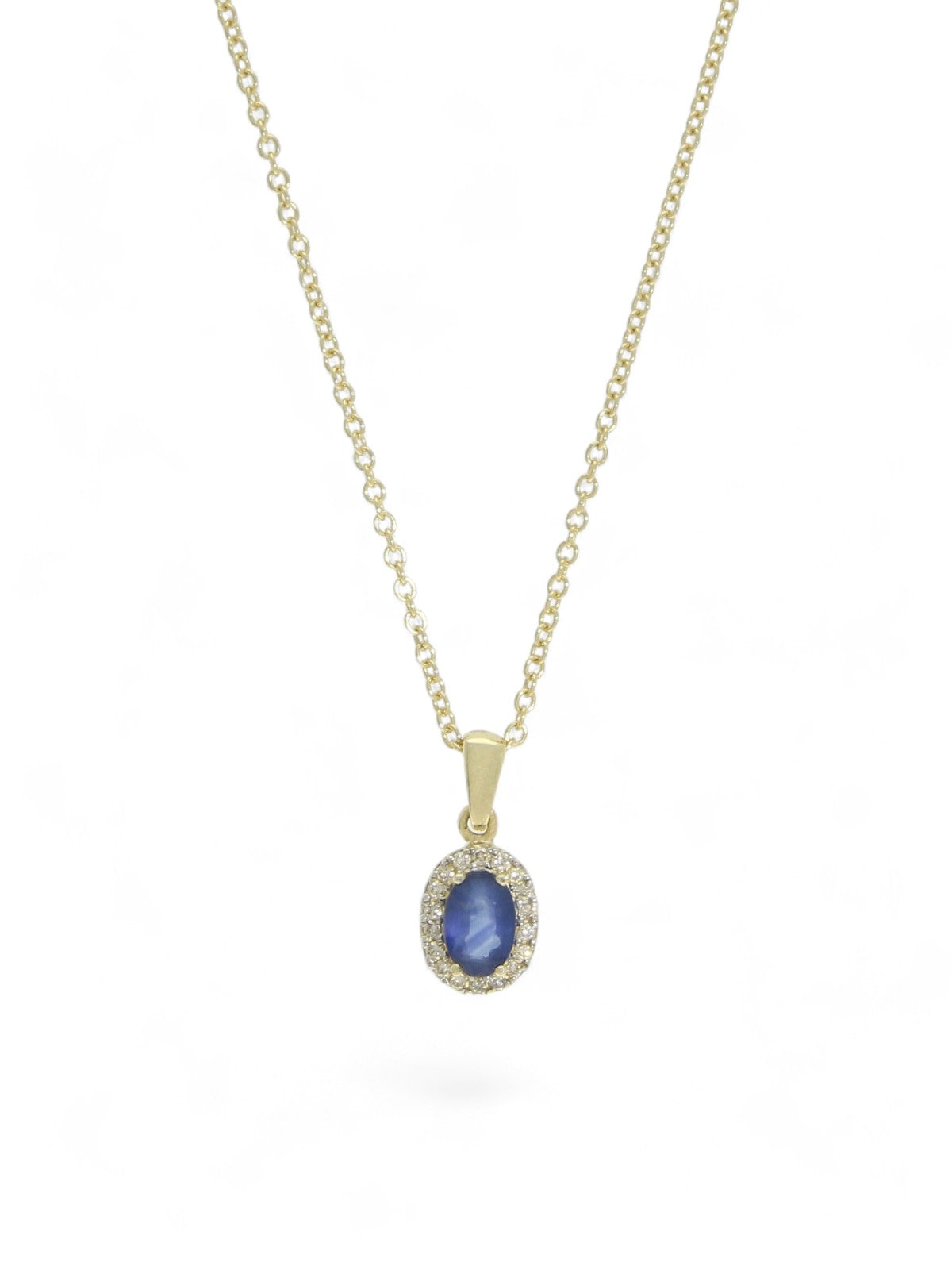 Sapphire & Diamond Oval Halo Cluster Pendant Necklace in 9ct Yellow Gold