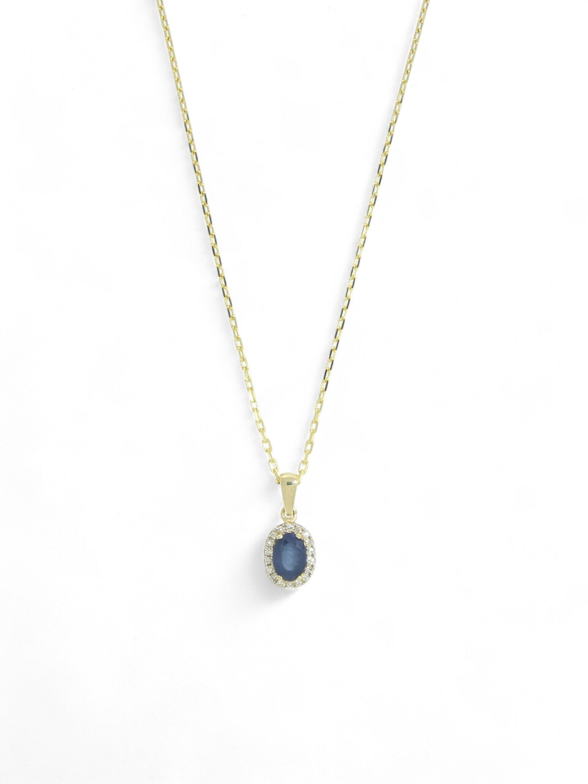 Sapphire & Diamond Oval Halo Cluster Pendant Necklace in 9ct Yellow Gold