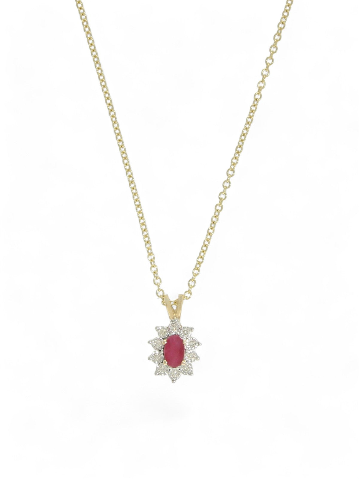 Ruby & Diamond Oval Cluster Pendant Necklace in 9ct Yellow Gold