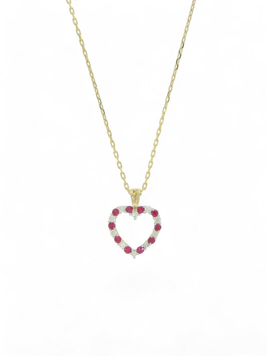 Ruby & Diamond Open Heart Pendant Necklace in 9ct Yellow Gold