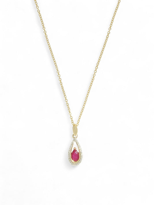 Ruby & Diamond Pear Drop Pendant Necklace in 9ct Yellow Gold