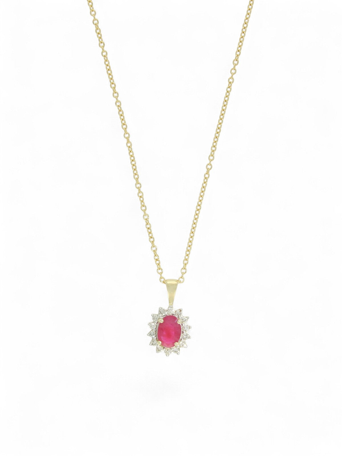 Ruby & Diamond Cluster Pendant Necklace in 9ct Yellow Gold