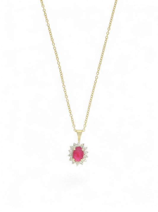 Ruby & Diamond Cluster Pendant Necklace in 9ct Yellow Gold