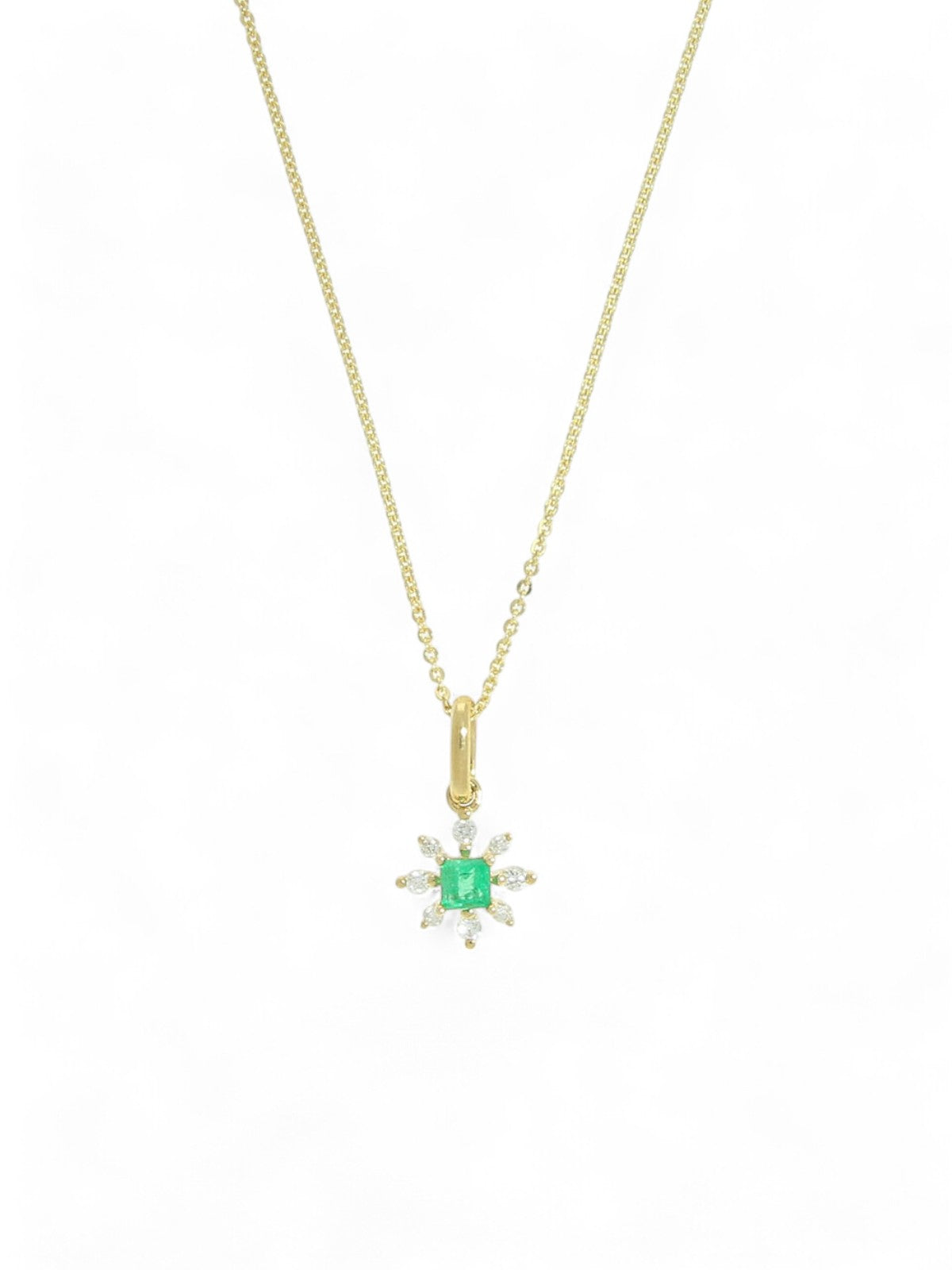 Emerald & Diamond Princess Cut Snowflake Pendant Necklace in 9ct Yellow Gold