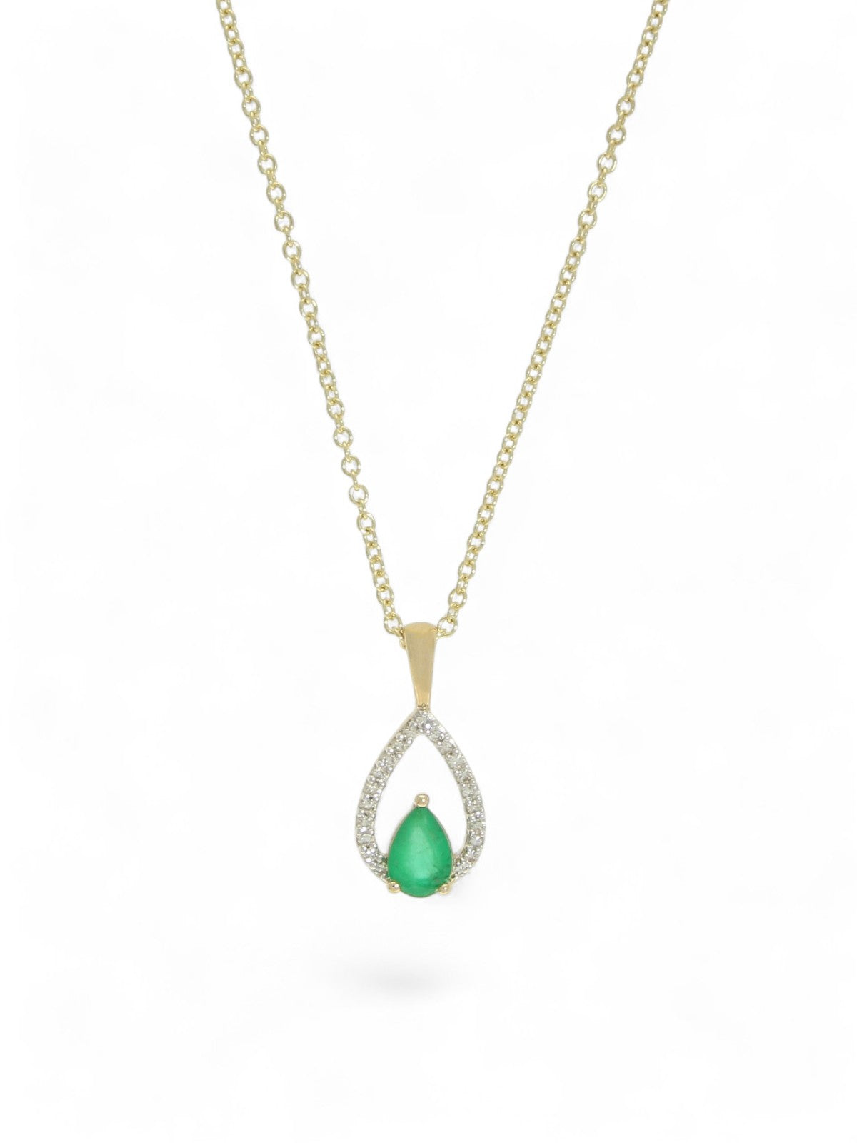 Emerald & Diamond Pear Drop Pendant Necklace in 9ct Yellow Gold