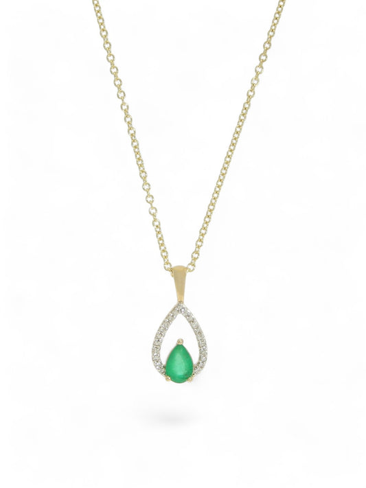 Emerald & Diamond Pear Drop Pendant Necklace in 9ct Yellow Gold