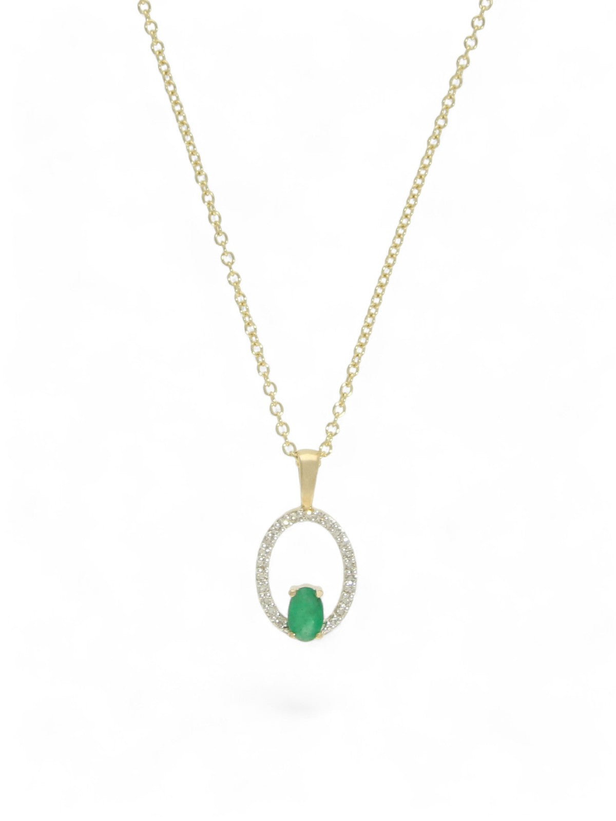 Emerald & Diamond Oval Drop Pendant Necklace in 9ct Yellow Gold