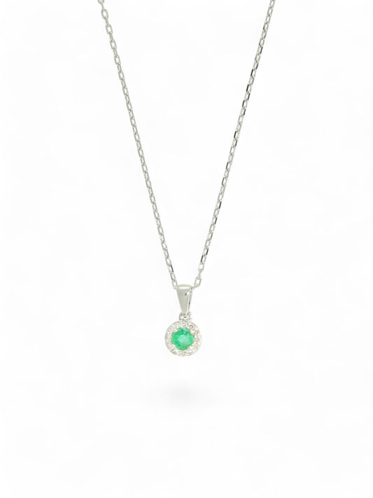 Emerald & Diamond Round Halo Pendant Necklace in 9ct White Gold