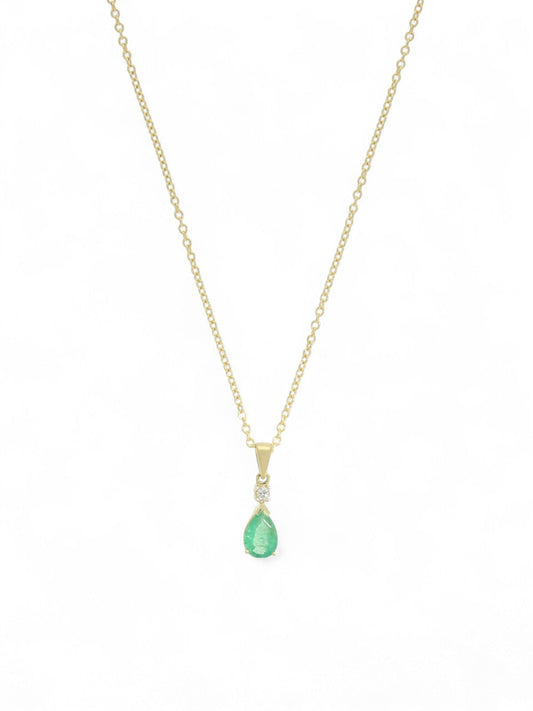 Emerald & Diamond Pear Drop Pendant Necklace in 9ct Yellow Gold