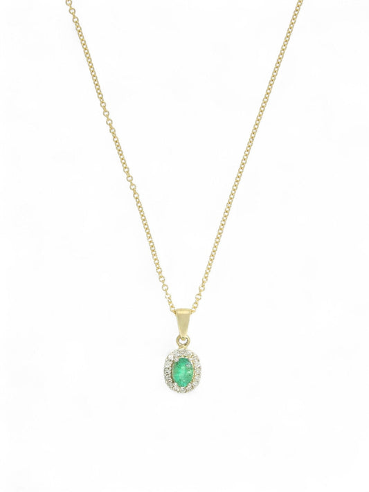 Emerald & Diamond Oval Halo Pendant Necklace in 9ct Yellow Gold