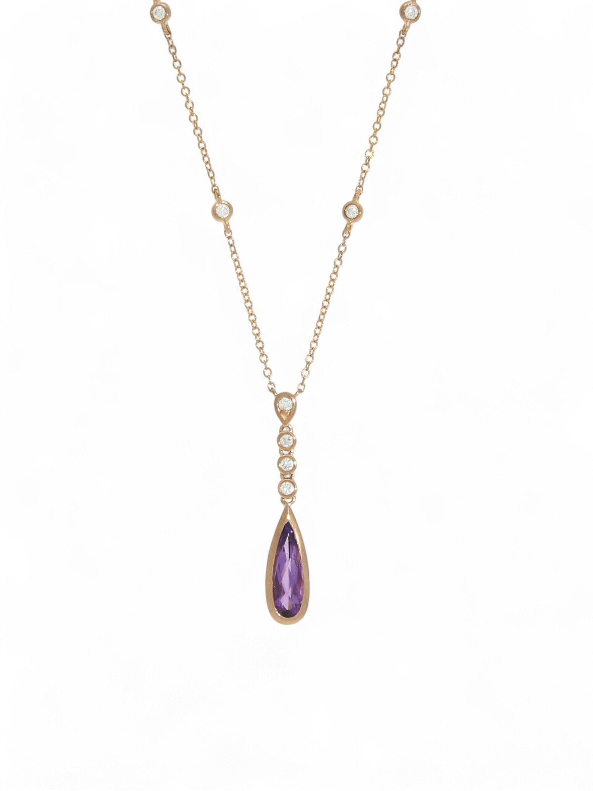 Amethyst & Diamond Pear Drop Pendant in 9ct Rose Gold on 18" Chain
