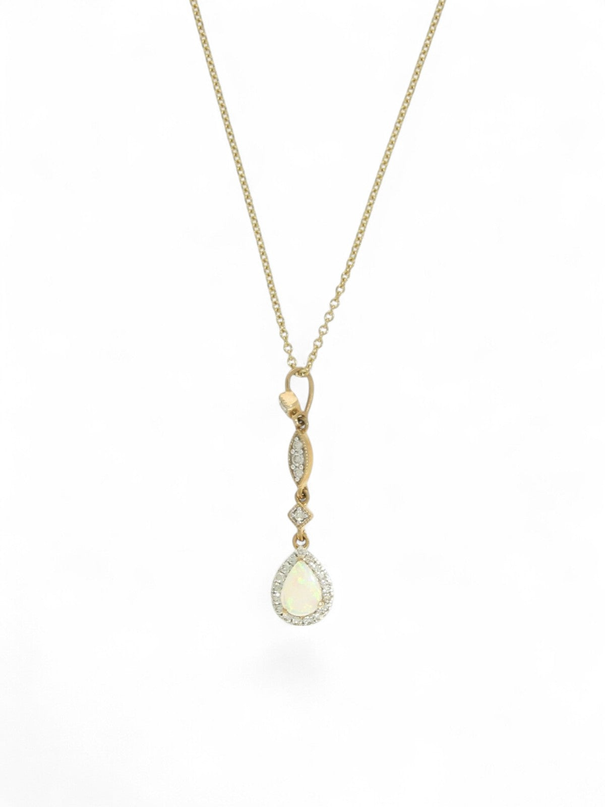 Opal & Diamond Pear Halo Drop Pendant Necklace in 9ct Yellow Gold