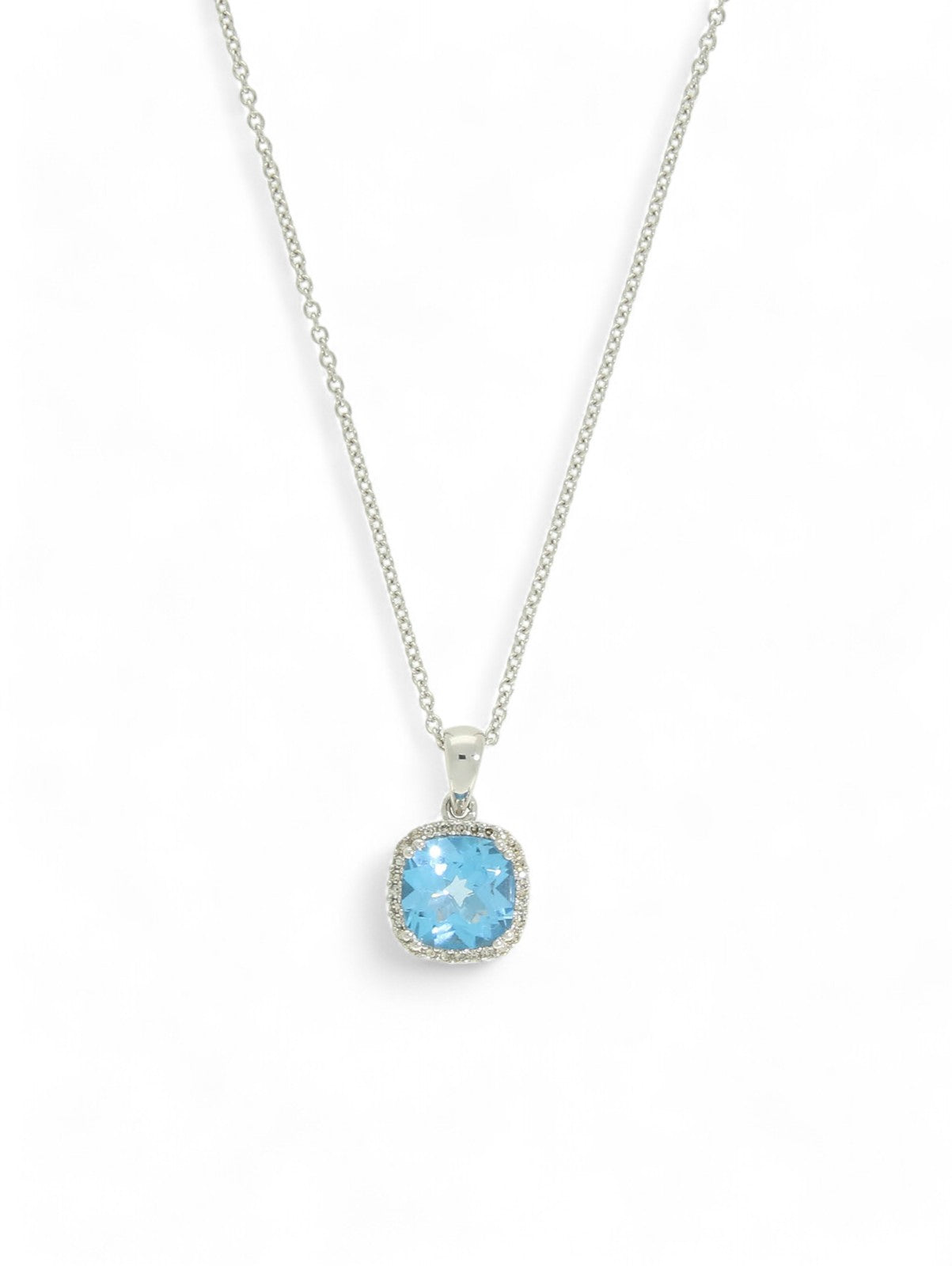 Blue Topaz & Diamond Cushion Cut Halo Pendant Necklace in 9ct White Gold