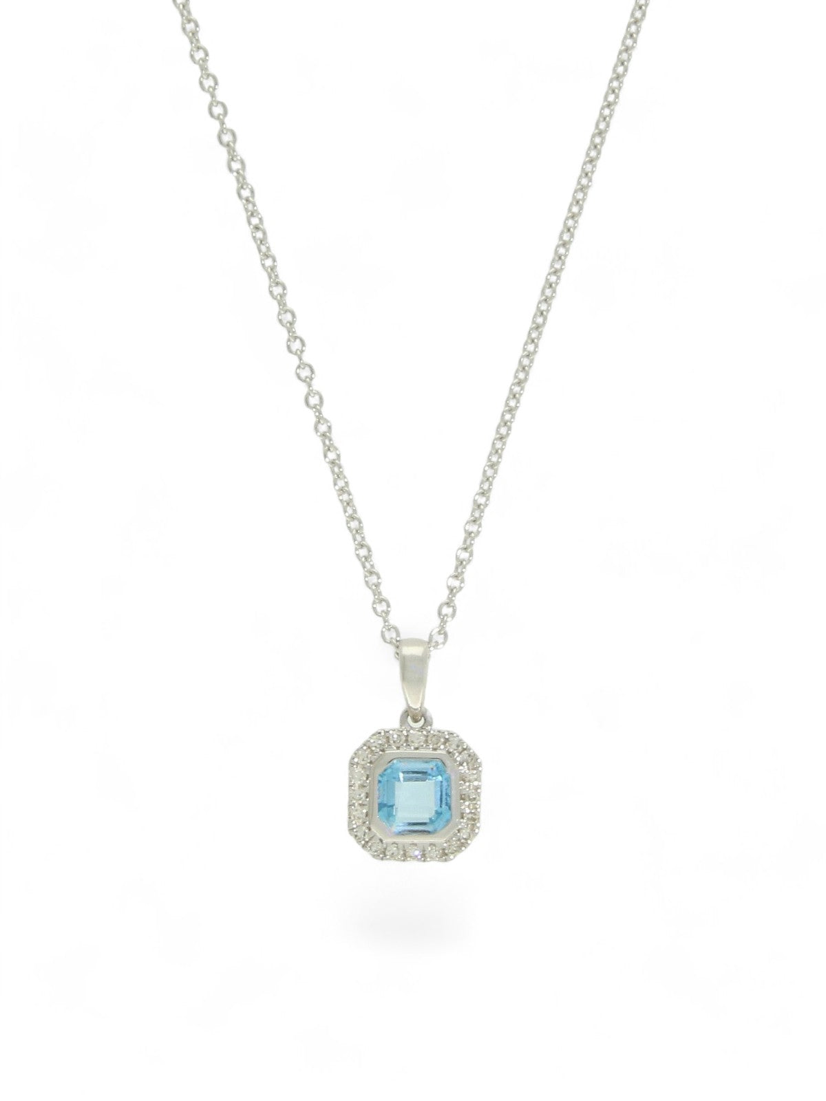 Blue Topaz & Diamond Cushion Cut Halo Pendant in 9ct White Gold