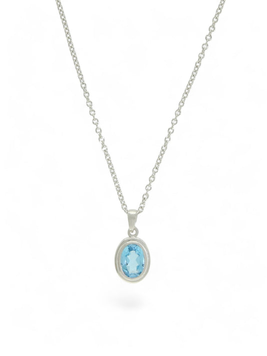 Blue Topaz Oval Single Stone Pendant Necklace in 9ct White Gold