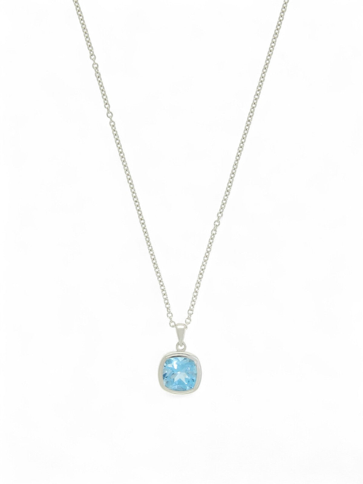 Blue Topaz Cushion Single Stone Pendant Necklace in 9ct White Gold