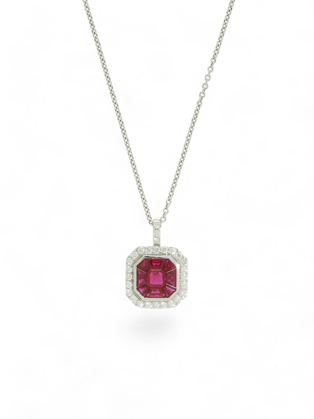 Pre Owned Ruby & Diamond Octagonal Cluster Pendant Necklace in 18ct White Gold