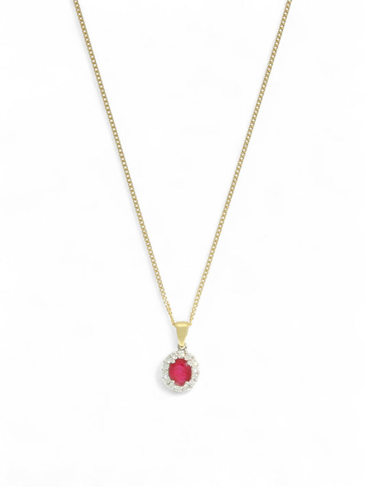 Ruby & Diamond Halo Pendant in 18ct Yellow & White Gold