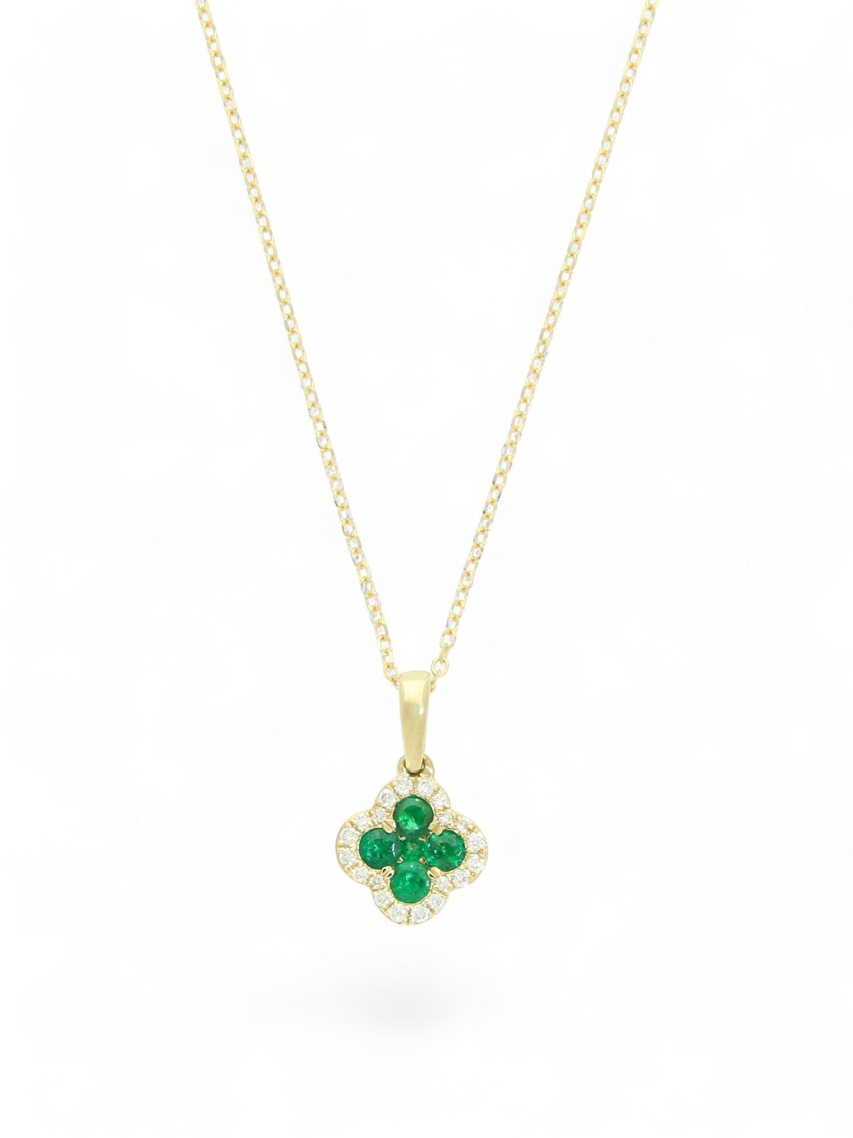 Emerald & Diamond Flower Halo Pendant Necklace in 18ct Yellow Gold