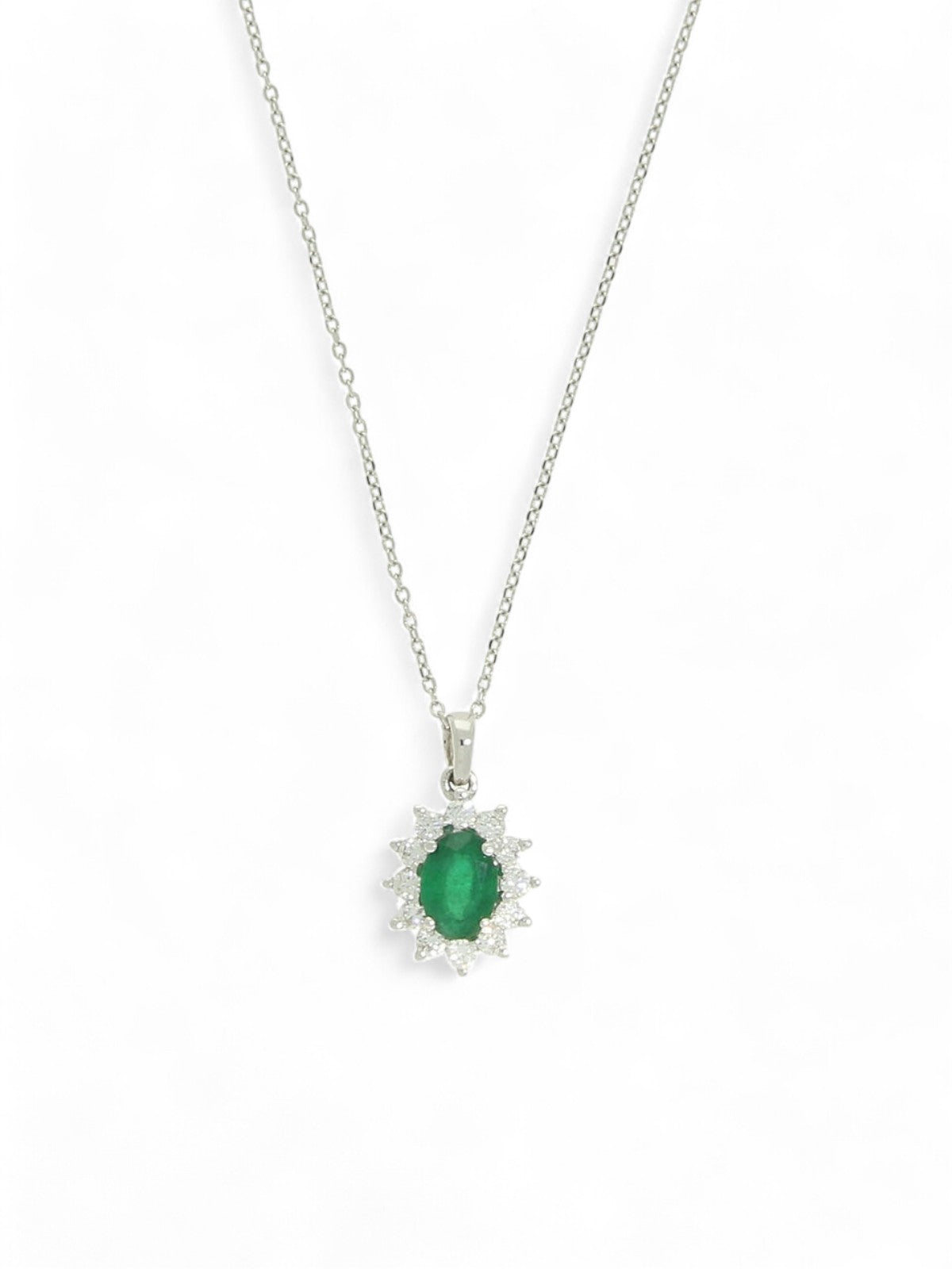 Emerald & Diamond Oval Cluster Pendant Necklace in 18ct White Gold