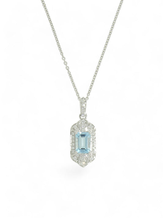 Aquamarine & Diamond Pendant Necklace in 18ct White Gold