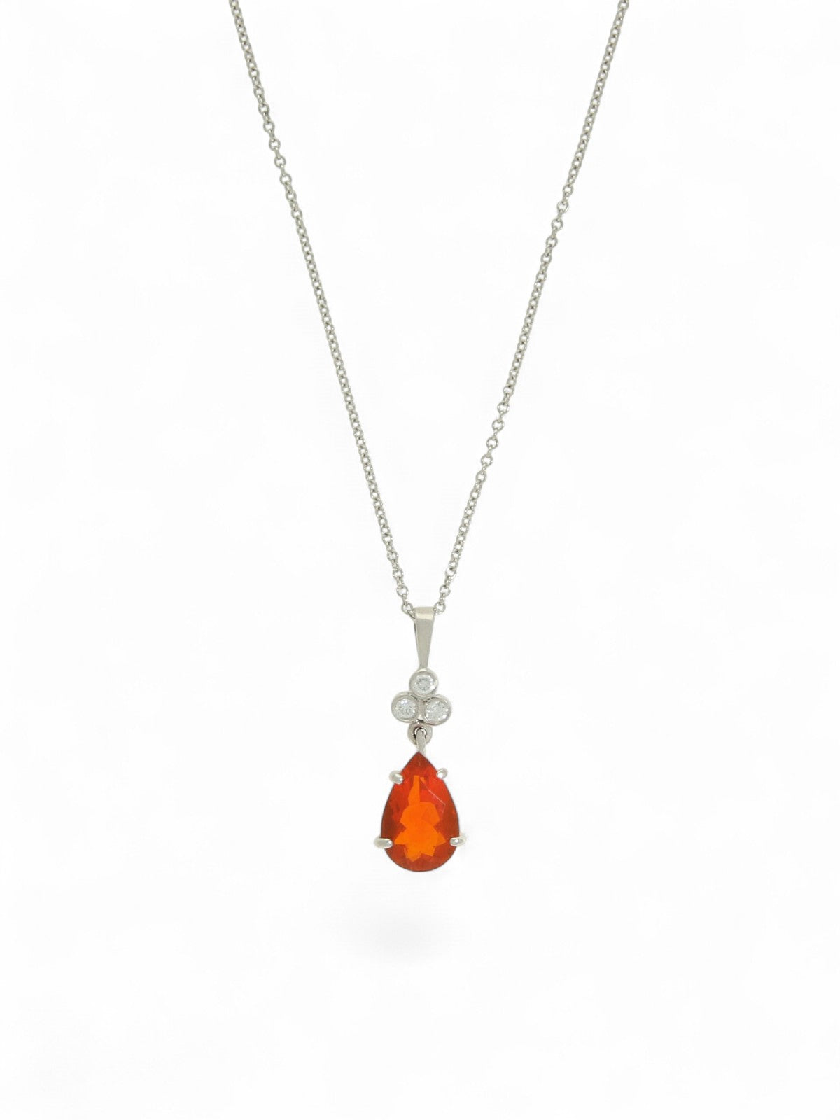 Fire Opal & Diamond Drop Pendant Necklace in 18ct White Gold