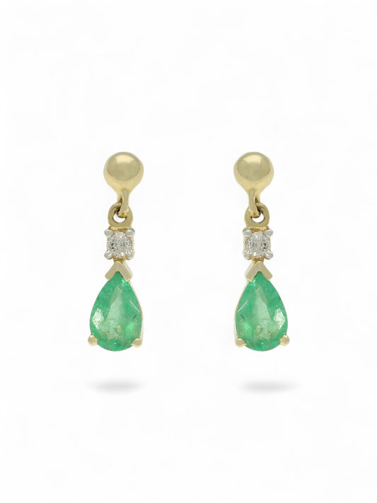 Emerald & Diamond Pear Drop Earrings in 9ct Yellow Gold