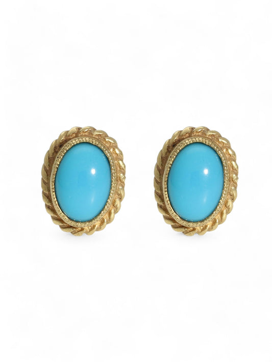 Second Hand Turquoise Oval Rope Edge Stud Earrings in 9ct Yellow Gold
