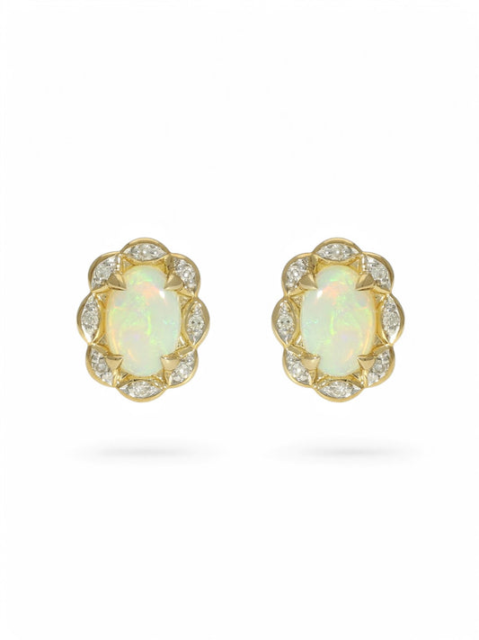 Opal & Diamond Oval Fancy Halo Stud Earrings in 9ct Yellow Gold