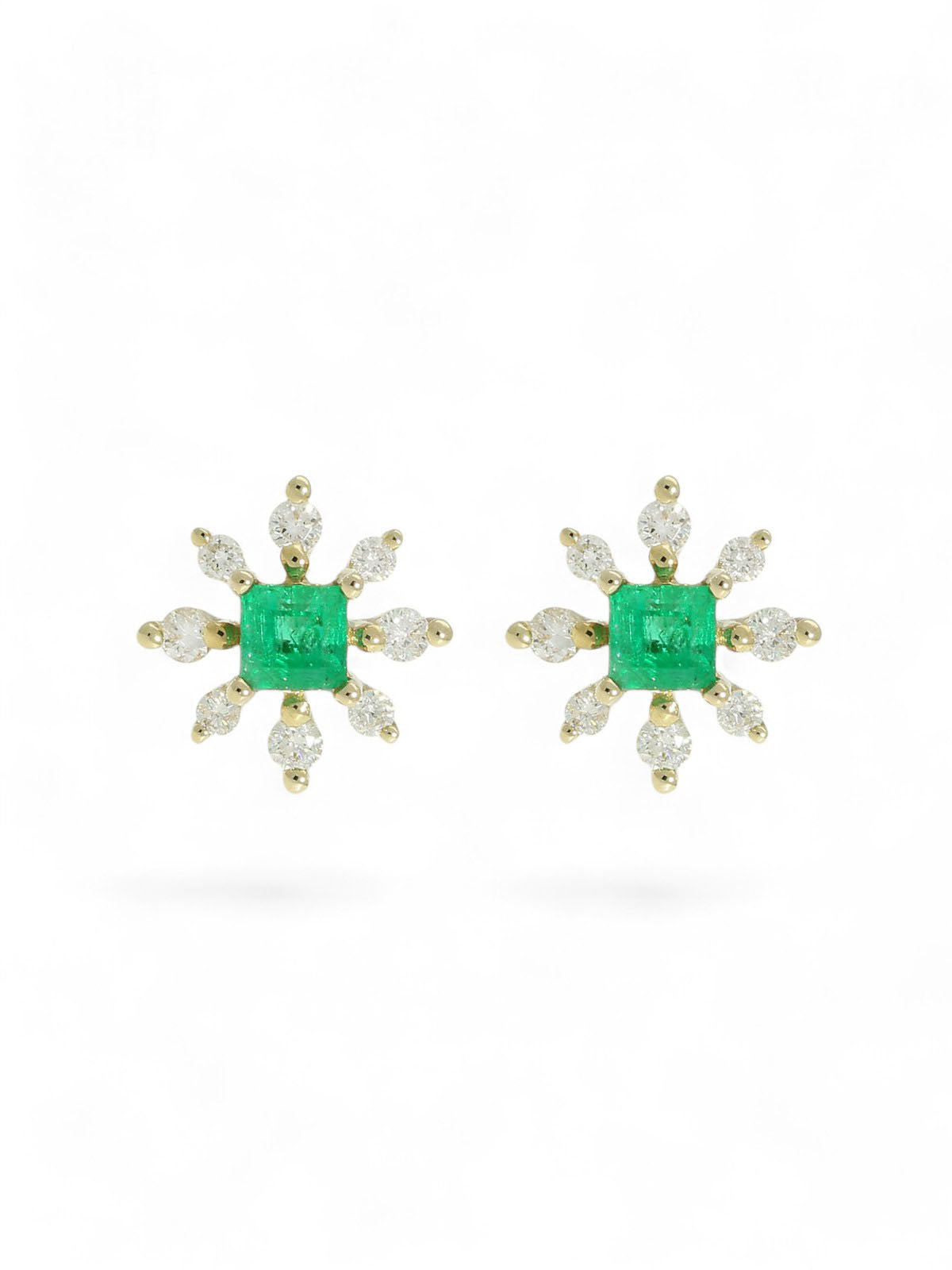 Emerald & Diamond Snowflake Stud Earrings in 9ct Yellow Gold