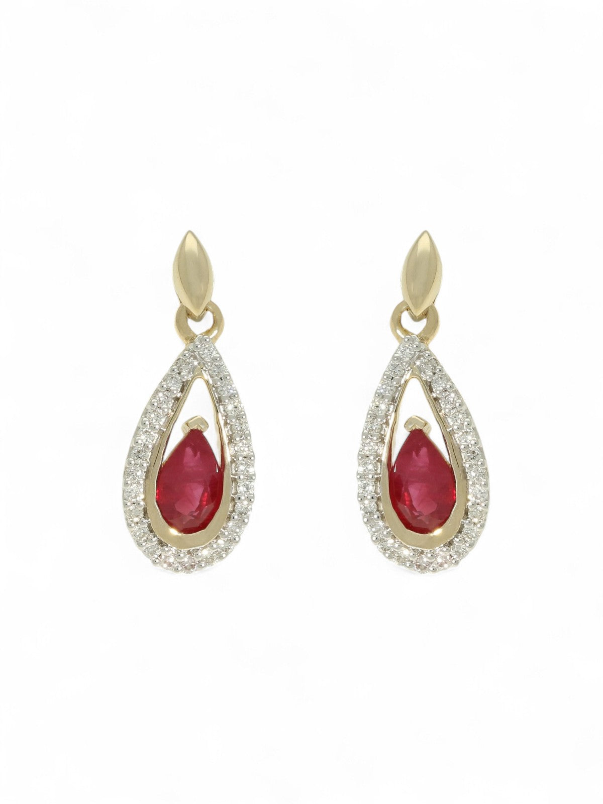 Ruby & Diamond Pear Drop Earrings in 9ct Yellow Gold