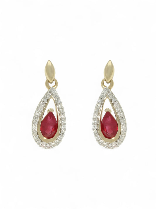 Ruby & Diamond Pear Drop Earrings in 9ct Yellow Gold